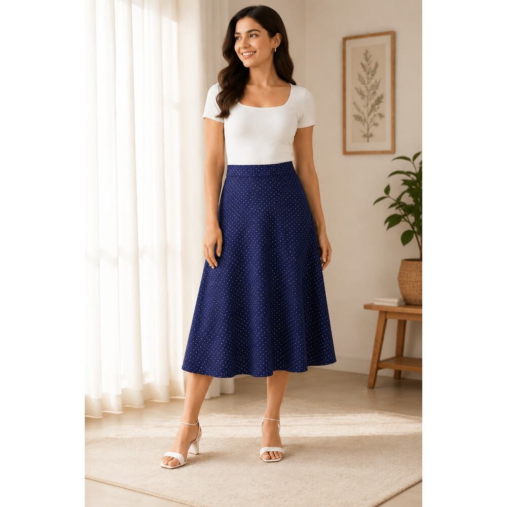 NWOT Lands End Navy Tiny Polka 100% Cotton ALine Midi Womens Skirt Size S/T 6-8